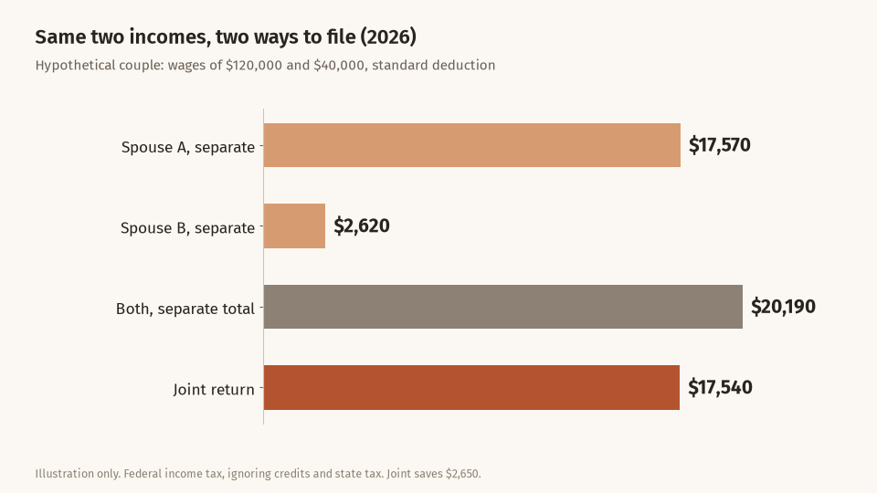 Bar chart of a hypothetical couple's 2026 federal income tax: 17,570 dollars and 2,620 dollars if each filed separately, 20,190 dollars combined, against 17,540 dollars on a joint return