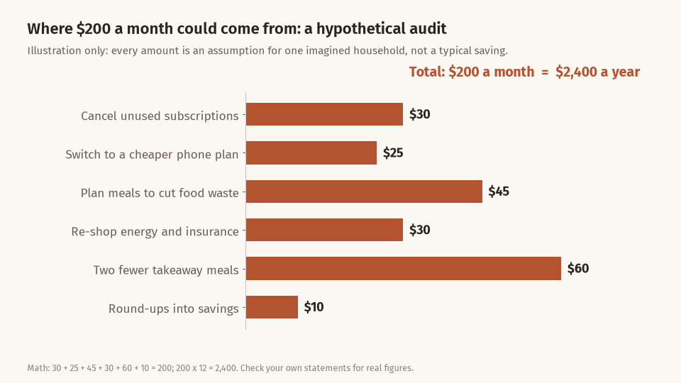 Horizontal bar chart of a hypothetical monthly audit: subscriptions 30 dollars, phone plan 25, meal planning 45, energy and insurance 30, takeaway meals 60 and round-ups 10, totalling 200 dollars a month or 2,400 dollars a year